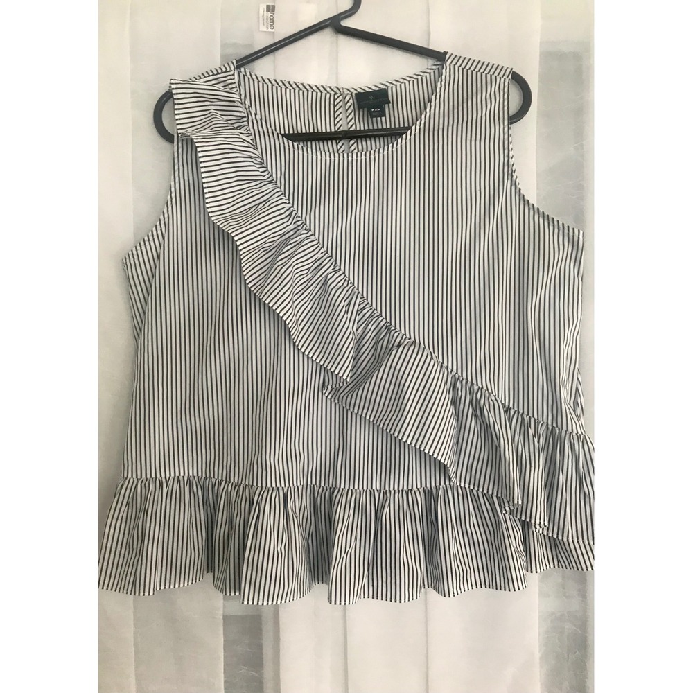 Worthington Petite PXL Navy Blue White Striped Ruffle Peplum Sleeveless Blouse‎